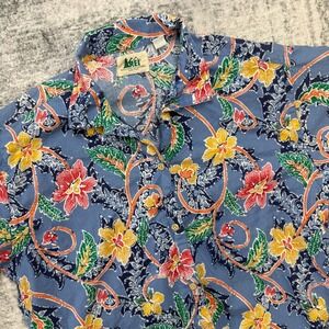 VTG REI Shirt Top Womens Medium Blue Floral Tropical Camp Button Up Granola Girl